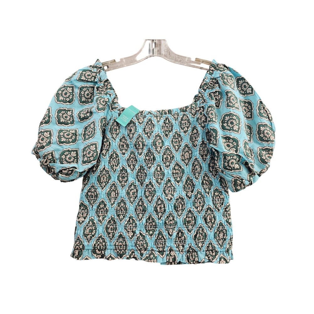 Maurices Smocked Top Women Medium Blue Medallion Puff Sleeve Cotton Boho Peasant